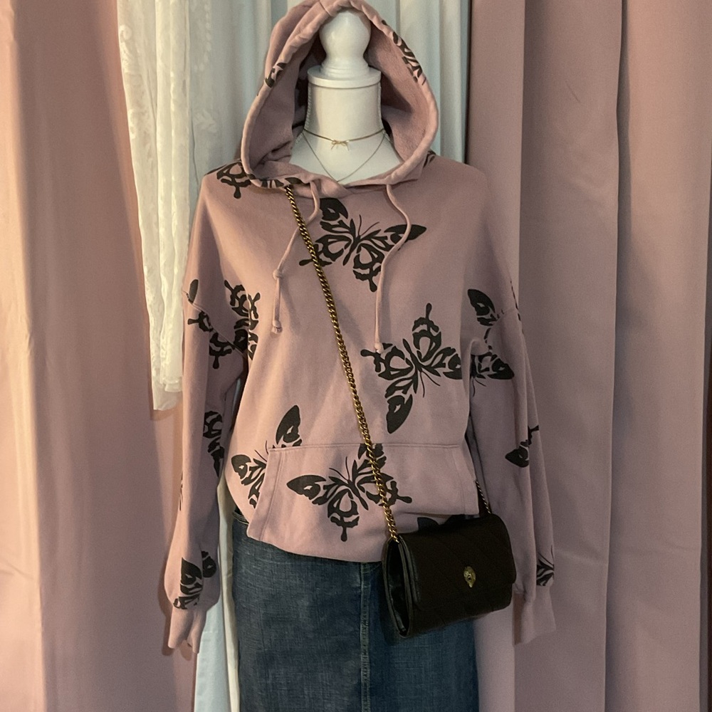 Pink Outgoing Oversized Long Sleeve Hoodie with Butterfly Design